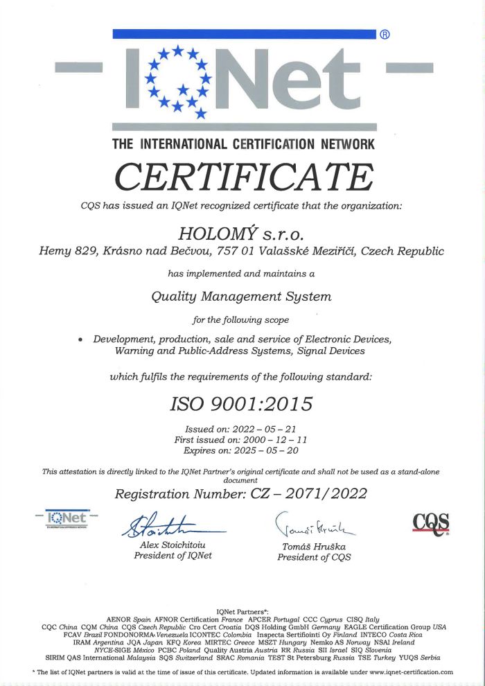 HOLOMY s.r.o. - Holomý - Certifikát