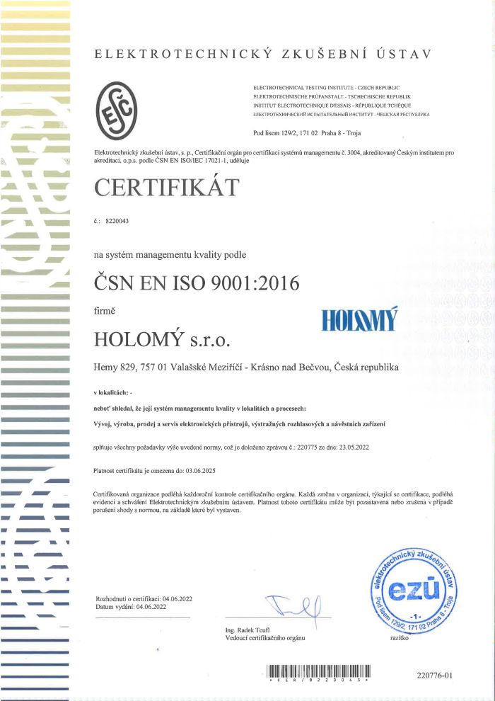 HOLOMY s.r.o. - Holomý - Certifikát