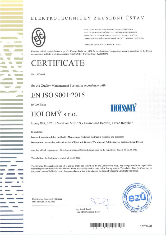 HOLOMY s.r.o. - Holomý - Certifikát